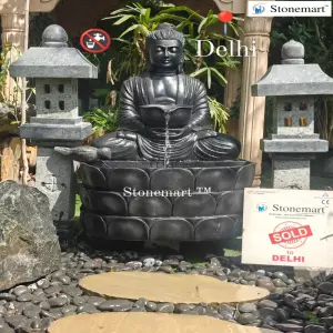Sold To Delhi - 92 Cm Life Size Black Marble Stone Buddha Waterfall Fountain For Indoor Outdoor