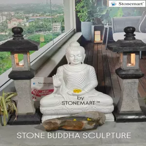 Available - 3 Feet Serene White Buddha Sculpture With Granite Lanterns And Rock Urli Bowl For Zen Garden