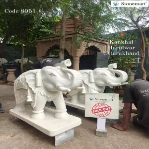 Sold To Haridwar, Uttarakhand - Pair Of 3Ft, 800 Kg Intricately Carved White Marble Elephant Statues For Vastu Decor