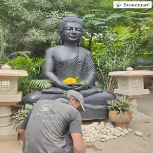 6 Feet, 1.5 Tons Black Marble Dhyana Mudra Big Buddha Statue For Garden