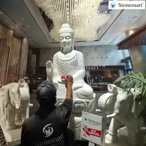 Sold To The Indian Army, Hyderabad, Telangana 5 Feet White Marble Stone Buddha Statue With 3 Feet White Marble Elephants