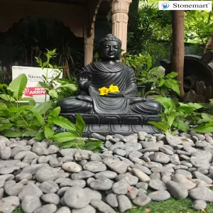 Available - 24 Inch Black Marble Buddha Statue For Homes, Gardens, And Balconies In Abhaya Mudra