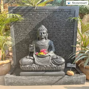 Sold 39 Inch Granite Fountain With Black Marble Buddha