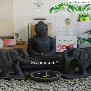 Available - 36 Inch Black Marble Buddha Statue With 24 Inch Elephant Statue Pair And Granite Urli Water Feature