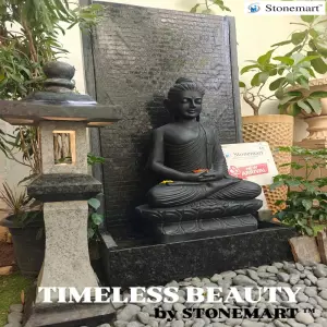 Available - 5 Feet Granite Panel Fountain With 3 Feet Marble Meditating Buddha Statue And Granite Lantern