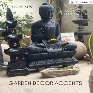 Sold To Lucknow, Uttar Pradesh - 4 Feet Black Marble Buddha Statue With Granite Pagoda Lantern And Stone Urli Bowl