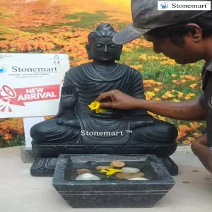 Sold To Kannur, Kerala - 2 Feet Black Stone Buddha Sculpture In Abhaya Mudra With Granite Urli Bowl