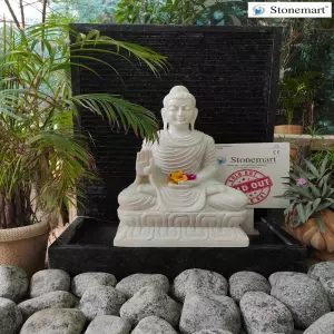 Sold To Trivandrum, Kerala 39 Inch Granite Fountain With 2 Feet Abhaya Mudra Marble Buddha Sculpture