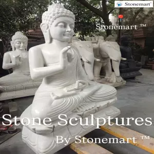 Available (One Buddha Sold) - Handcarved Majestic Garden Stone Sculptures For Hotels, Resorts, Farmhouses