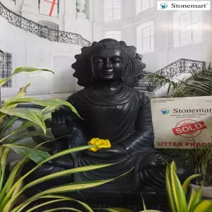 Sold To Uttar Pradesh - 3 Feet Black Marble Stone Buddha Sculpture In Abhaya Mudra Posture