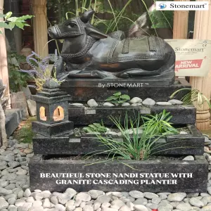 Beautiful Marble Nandi Statue With Cascading Granite Planter