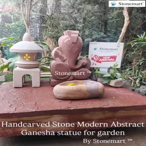 Modern Stone Ganesha Abstract Sculpture With Japanese Pagoda Lantern, Urli, Stone Block