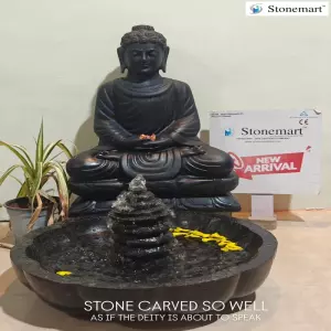 Available - 2 Feet Marble Buddha Statue With 5 Inch Pedestal And 21 Inch Granite Urli Fountain