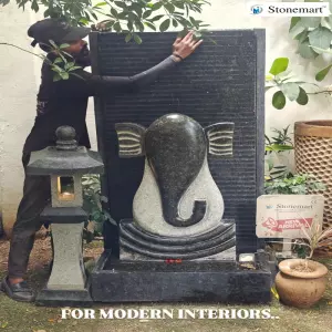 60 Inch Granite Waterfall With 36 Inch Modern Abstract Ganesha Sculpture