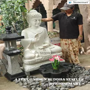 Available - 4 Feet White Buddha Statue With Elephant Uruli And Japanese Pagoda Lantern
