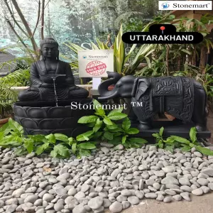 Sold To Rudrapur, Uttarakhand - 36 Inch Black Marble Buddha Statue Fountain With 30 Inch Elephant Statue For Vastu Decor