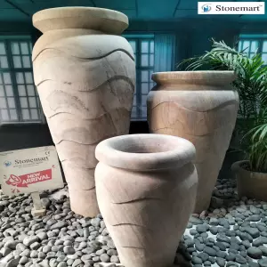 Hand Carved Natural Stone Vases Or Pots In 2, 3, And 4 Feet For Interior Design