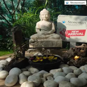 Available Buddha Zen Garden With Pedestal Rock, Monolith, Granite Urli Fountain, Planter, Pebbles And Lava Lamp