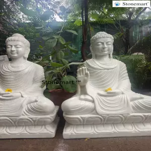 Available - Serene 36 Inch Marble Buddha Statues In Abhaya Mudra And Dhyana Mudra