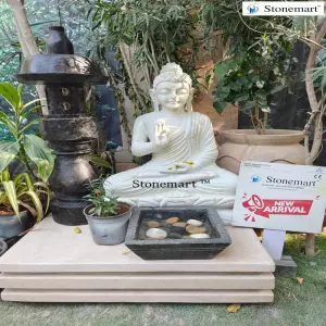 Available - 2.5 Feet White Marble Vitarka Mudra Buddha Statue With Pedestal, Lantern, And Urli Water Feature