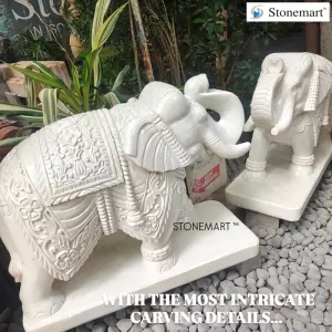 2.5 Feet Intricately Carved Pair Of White Marble Elephant Sculptures
