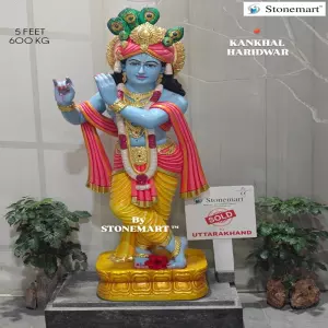 Sold To Haridwar, Uttarakhand - Handcrafted 5 Feet Big Shree Krishna Marble Statue For Temple
