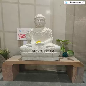 Available - 3 Feet White Abhaya Mudra Sitting Buddha Statue For Home With Stylish Stone Base Stand