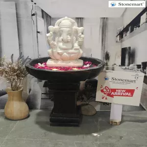 Marble Ganesh Murti With Granite Uruli For Entrance Decor