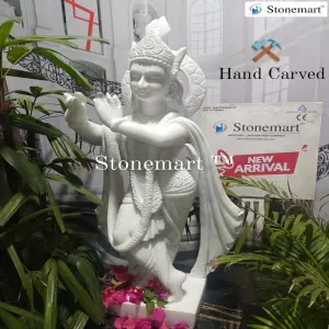 Hand Carved White Marble Stone Shree Krishna Statue For Home Temple