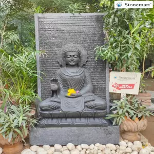 Sold To Hyderabad, Telangana Hand Carved 3 Feet Black Marble Buddha Idol With Halo With 5 Feet Granite Fountain For Outdoor