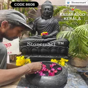 Sold To Kasaragod, Kerala - 3Ft Black Marble Stone Buddha Statue With Granite Uruli Bowl