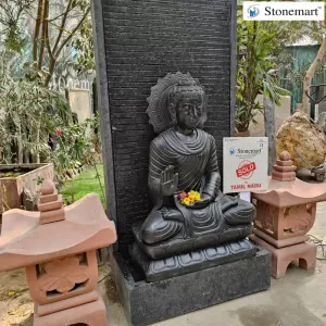 Sold To Namakkal Dist, Tamil Nadu 5 Feet Granite Panel Water Fountain With 3 Feet Black Marble Buddha Idol For Outdoor