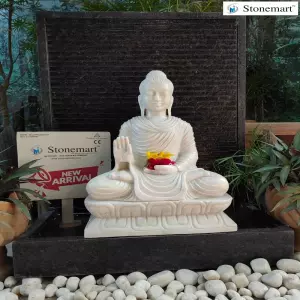 Sold To Sangli, Maharashtra 39 Inch Granite Panel Fountain With 2 Feet Abhaya Mudra Marble Buddha Idol