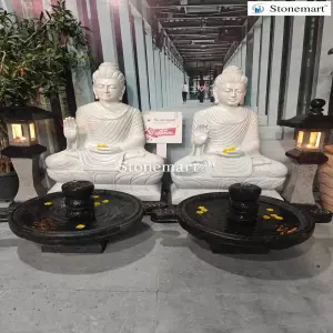 Available - 4 Feet Gandhara Style Marble Buddha Statues In Abhaya Mudra With Urli Fountains And Lanterns
