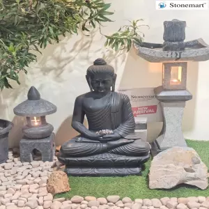 Available - 3 Feet Black Marble Stone Buddha Sculpture In Meditating Posture For Zen Garden
