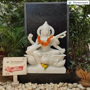 38 Inch White Marble Saraswati Idol With 60 Inch Granite Waterfall