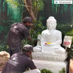 Available 5 Feet, 900 Kg Hand Carved White Marble Abhaya Mudra Buddha Sculpture For Indoor And Outdoor