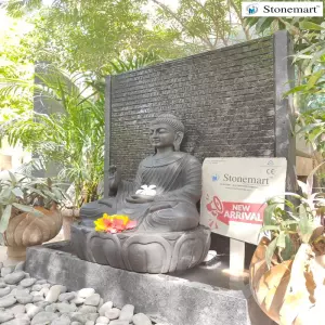 39 Inch Granite Waterfall With 2 Feet Black Marble Abhaya Mudra Buddha Statue On Lotus Base