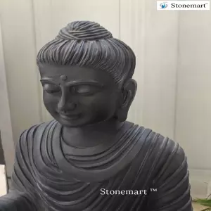 Available - 3 Feet Black Stone Buddha Statue With Intricate Carving For Spiritual Decor