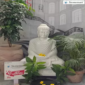Available - 36 Inch White Marble Buddha Idol In Dhyana Mudra