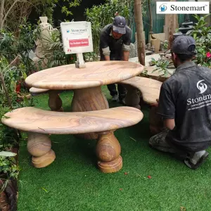 Sold To Faridabad, Haryana Hand Carved 9 Seater, 800 Kg Rainbow Sandstone Table And Benches For Outdoor