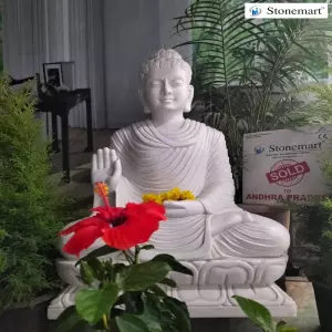 Sold To Visakhapatnam, Andhra Pradesh 3 Feet Hand Carved Buddha White Marble Sculpture In Abhaya Mudra