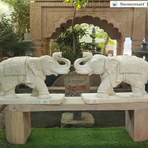 Pair Of 2 Feet Hand Carved Elephant Statues In White Marble