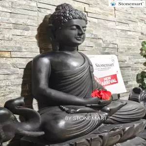 Available - 3 Feet Black Marble Buddha Statue With Pair Of 18 Inch Elephant Statues For Modern Interiors