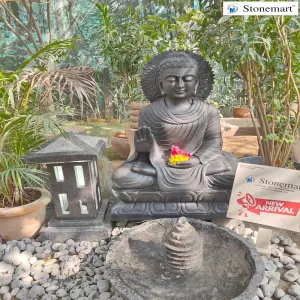 3 Feet Black Marble Abhaya Mudra Buddha Statue, Granite Fountain, Granite Lantern