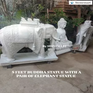 Available - 5 Feet Big Size Marble Buddha Statue With Pair Of Elephants