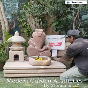 Stone Ganesha Abstract Statue With Pedestal, Urli And Lantern For Garden Decor