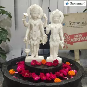 Pure White Marble Laxmi Narayan Sculpture With Granite Urli For Home Temple