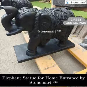 Pair Of Hand Carved Majestic Black Elephant Statues For Entrance
