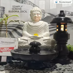 Available - 3 Feet Marble Meditating Buddha Statue With Granite Urli Fountain And Lantern